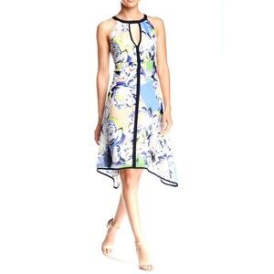 Adrianna Papell Floral Midi Halter Dress 10 Green Blue Keyhole Sharkbite Hem